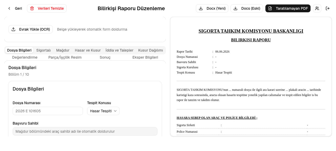 Bölümlere ayrılmış form ve sağ tarafta canlı Word önizlemesi